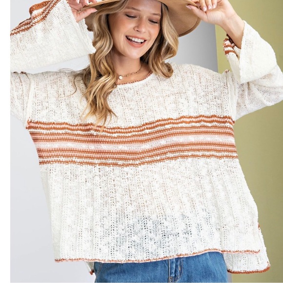 EASEL Burgundy Stripe Lightweight Knit Sweater with Flare Sleeves - Picture 2 of 8